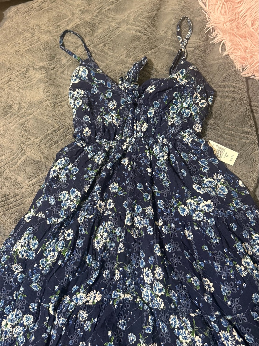 Navy Blue Floral Midi Sundress with Adjustable Straps